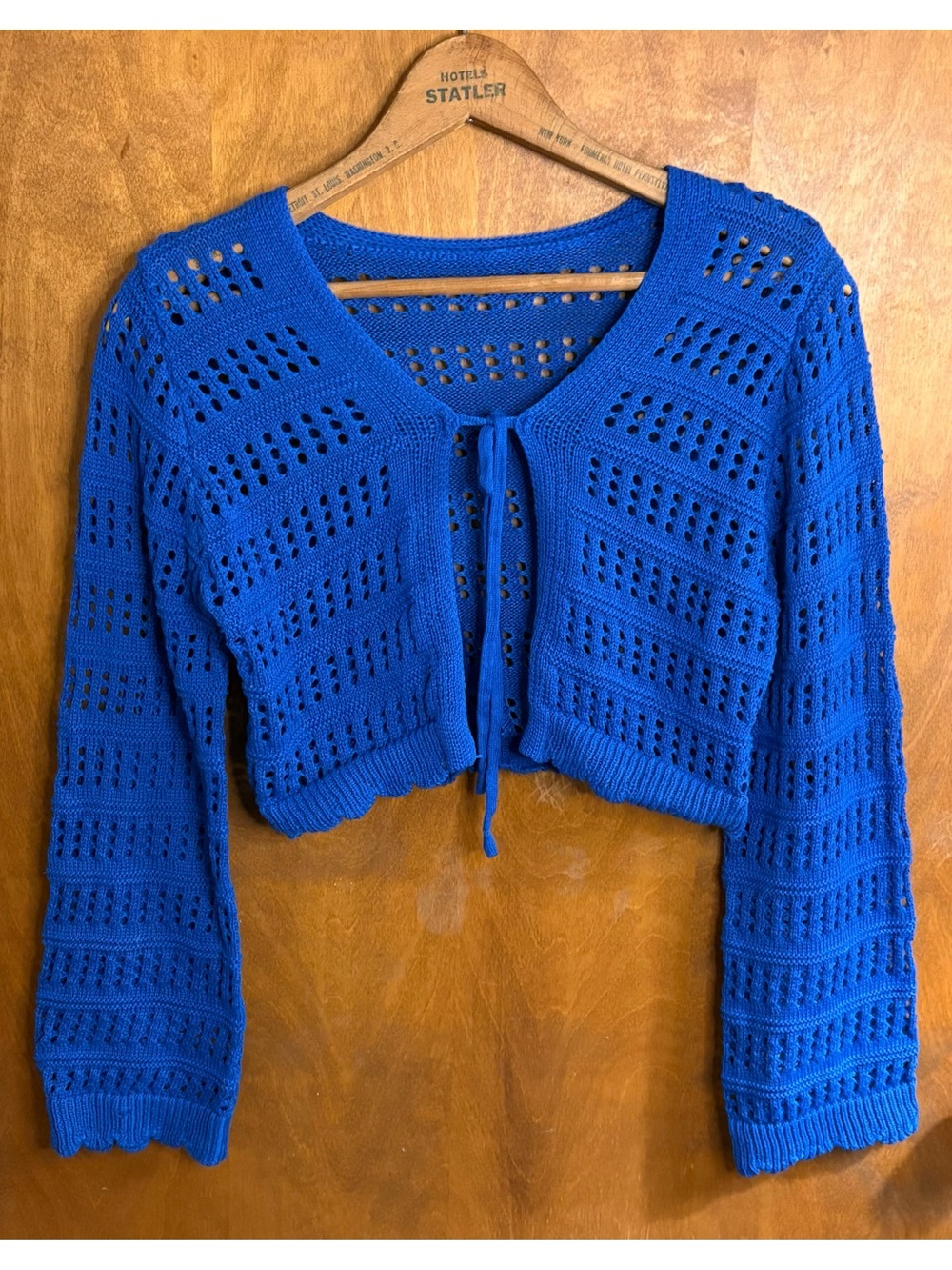 Blue Cropped Open Knit Crochet Tie Front Flyaway Cardigan Sweater Bell Sleeve